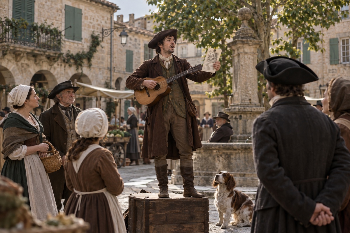 Illustration contemporaine : Chanteur anonyme tenant une guitare et une feuille illustrée, debout sur une caisse devant des auditeurs sur une place; chien au pied de la caisse.