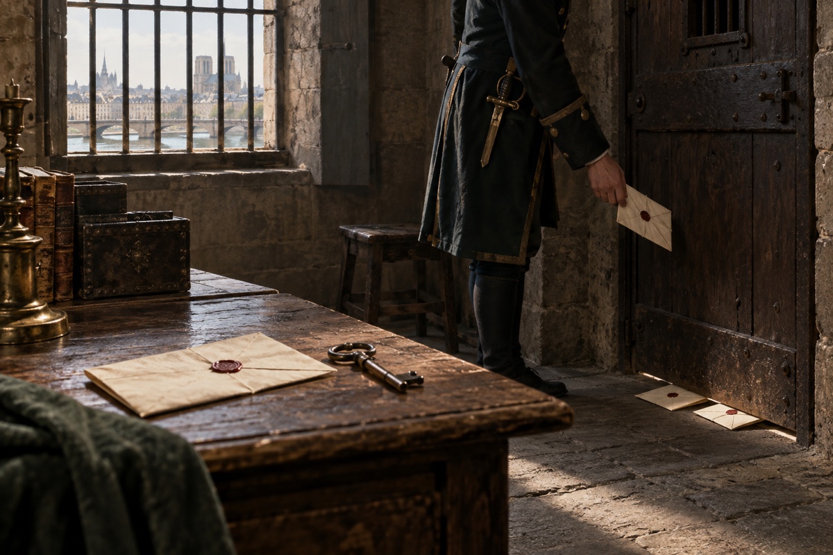 Illustration contemporaine : Homme en uniforme tenant une enveloppe scellée près d’une porte fermée; autres enveloppes au sol et clef sur une table.