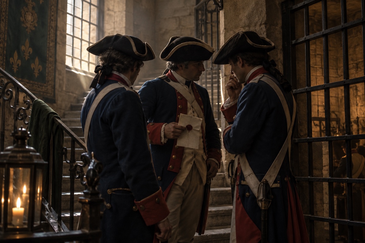 Illustration contemporaine : Trois hommes anonymes en uniforme réunis près d’une porte à barreaux; l’un tient une enveloppe scellée, sans texte identifiable.