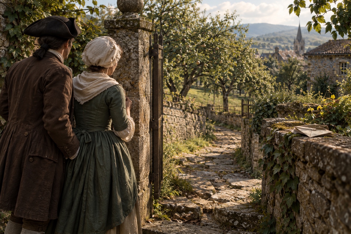 Illustration contemporaine : Homme et femme anonymes de dos devant une entrée de jardin et un muret portant une enveloppe; aucune chute ni violence représentées.