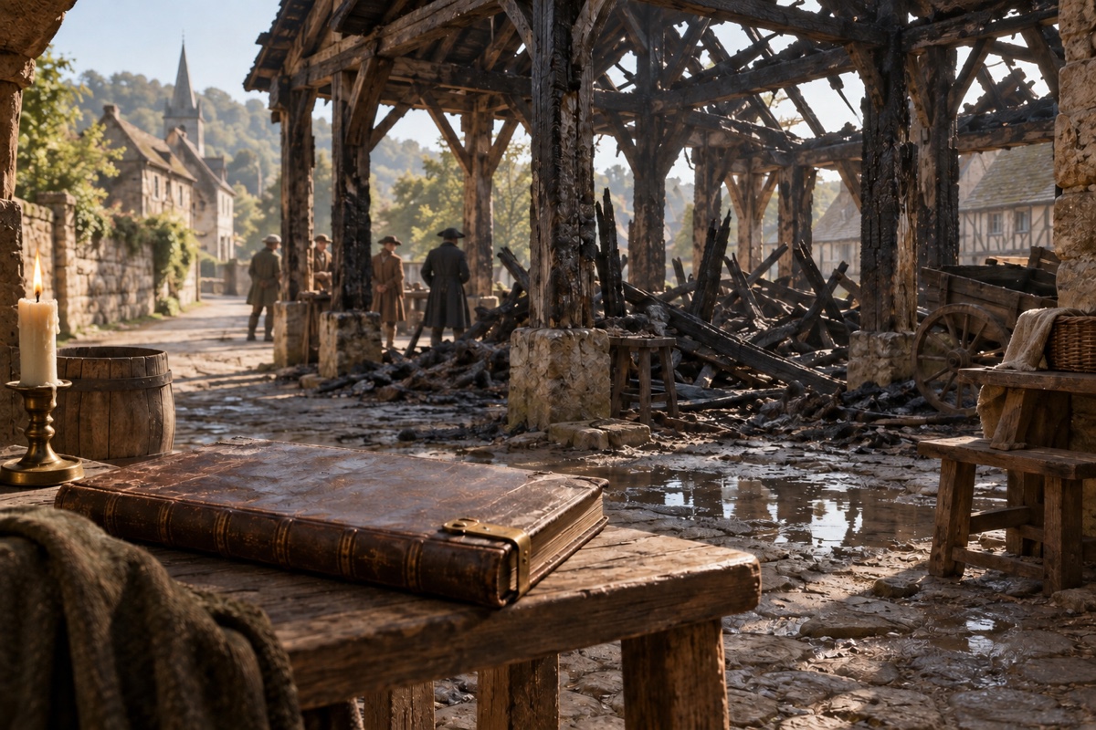 Illustration contemporaine : Halle incendiée à la charpente noircie et partiellement effondrée, avec plusieurs hommes anonymes au fond et un livre fermé au premier plan; aucune flamme visible.