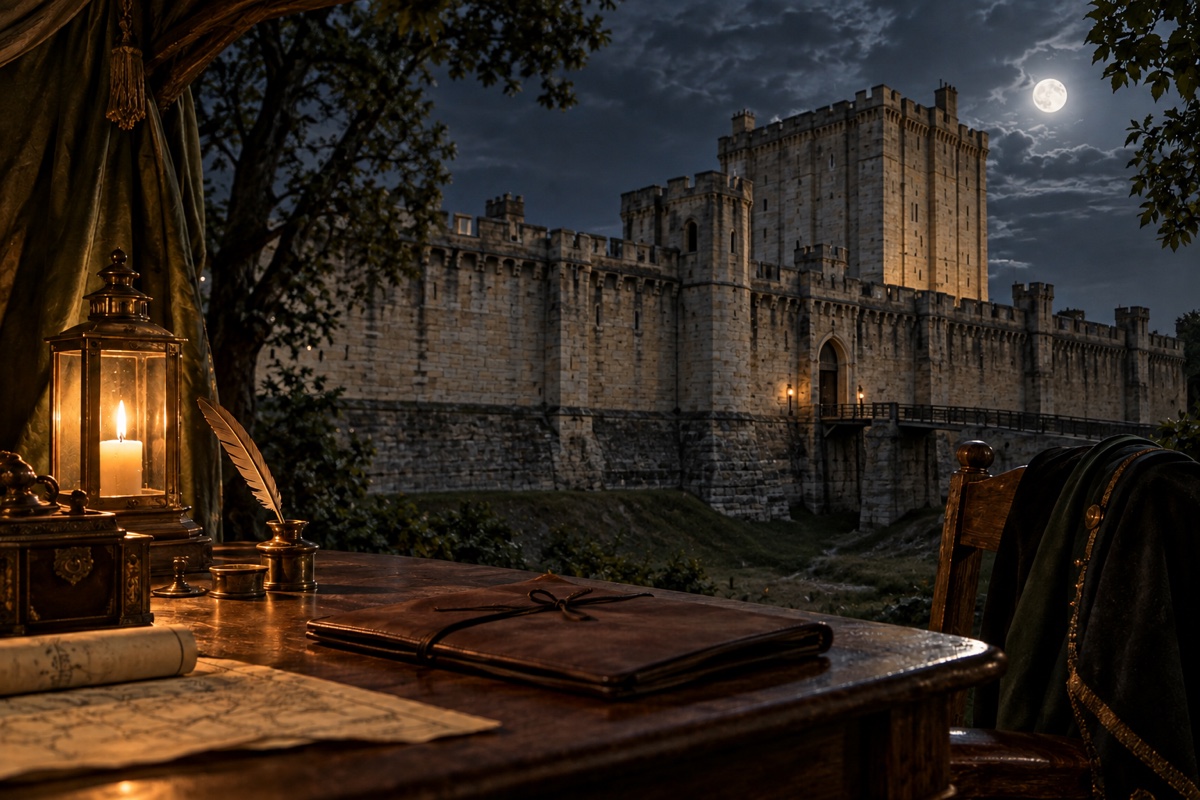 Illustration contemporaine : Des murs de forteresse et une tour carrée dans la nuit, avec un dossier éclairé par une bougie au premier plan.
