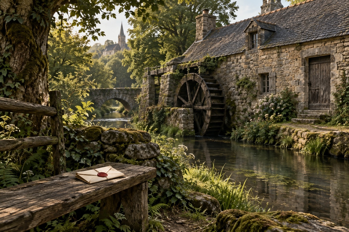 Illustration contemporaine : Moulin de pierre au bord de l’eau, roue et porte fermée, avec une enveloppe scellée sur un banc; aucune personne représentée.