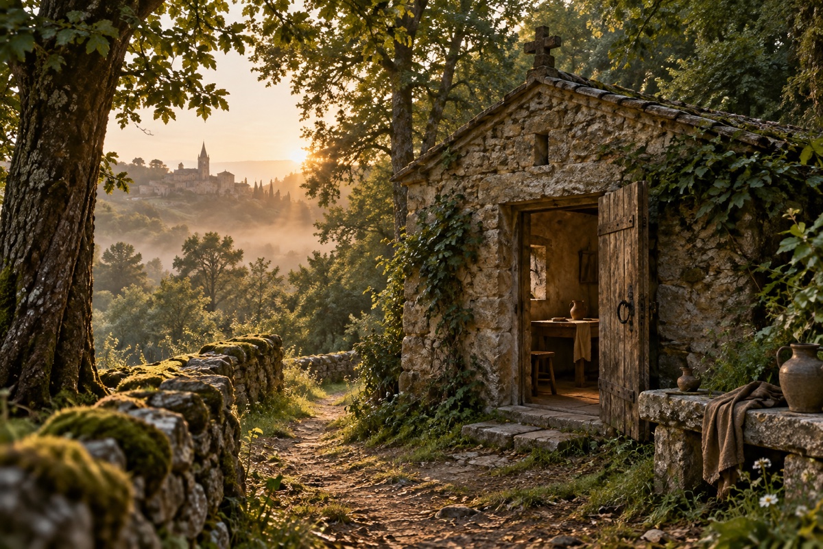 Illustration contemporaine : Ermitage bourguignon au petit matin, porte entrouverte et objets rangés sur une table, sans personne ni scène violente.