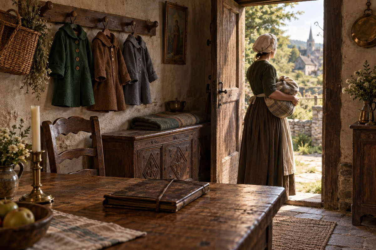 Illustration contemporaine : Trois petits manteaux suspendus et une femme tenant un paquet de linge dans une maison rurale.