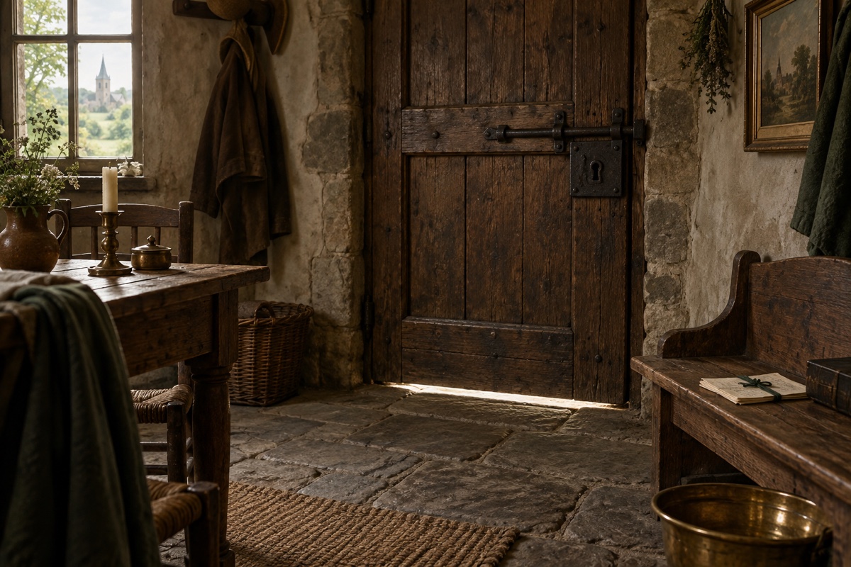 Illustration contemporaine : Intérieur rural avec une porte fermée, un banc portant des papiers liés et du mobilier; aucune personne ni texte identifiable.