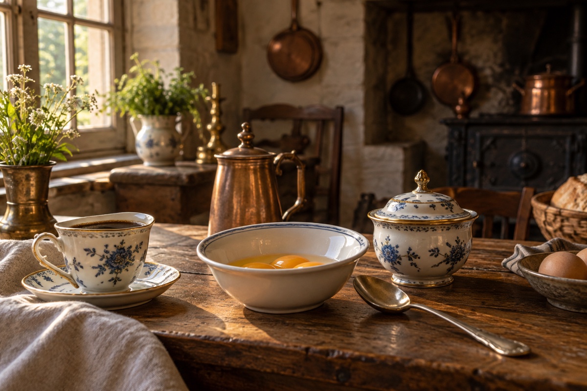 Illustration contemporaine : Table de cuisine du XVIIIe siècle, tasse de café, jaunes d’œufs dans un bol et cuillère posée; aucune personne ni ingrédient dangereux.