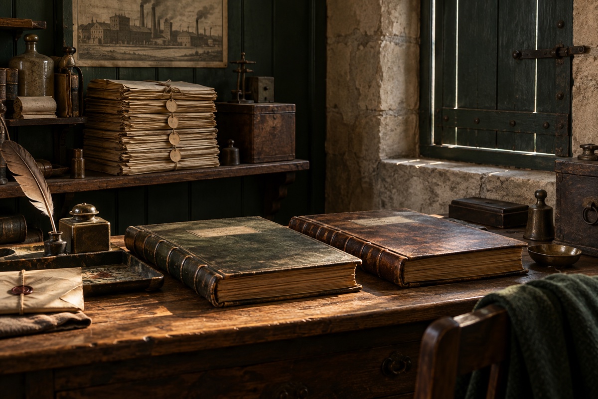 Illustration contemporaine : Deux volumes fermés et une pile de papiers munis d’étiquettes dans un bureau, près d’un volet fermé; signatures et numéros non identifiables.