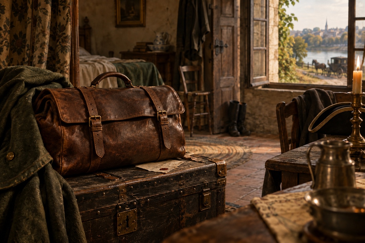 Illustration contemporaine : Sac de voyage fermé sur un coffre, avec une enveloppe scellée, dans une chambre d’auberge; une rivière et une voiture apparaissent par la fenêtre.