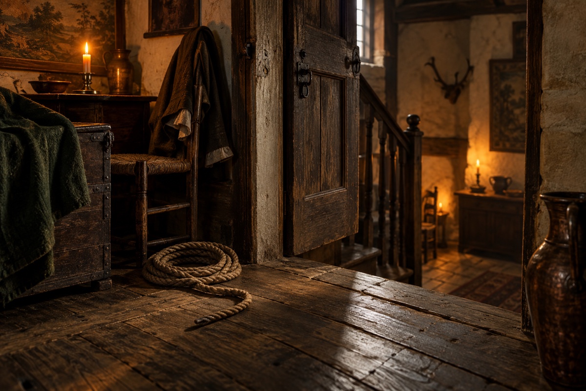 Illustration contemporaine : Intérieur rural du XVIIIe siècle cadré sur un plancher, une porte et une chandelle, sans personne ni violence.