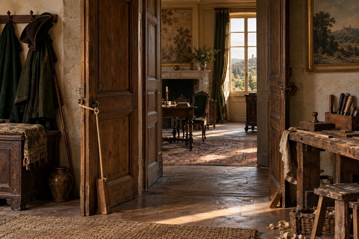 Illustration contemporaine : Portes intérieures d’une maison ancienne du Forez, corde attachée à une poignée et pièces de bois près du seuil; outils de menuisier sur un établi.