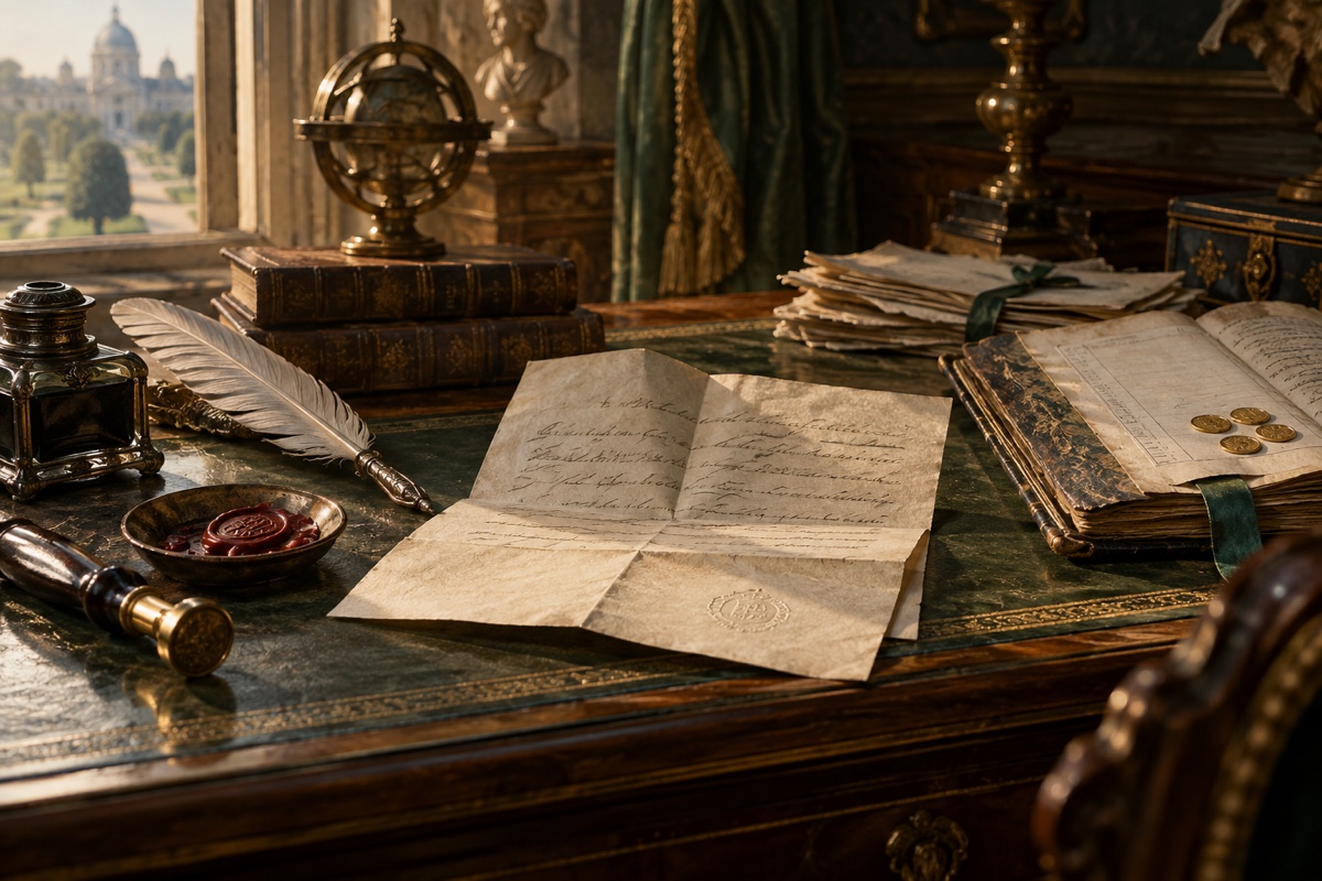 Illustration contemporaine : Lettre dépliée près de papiers, d’une plume, de cire et d’un registre ouvert portant des pièces; leur nature documentaire n’est pas identifiable.