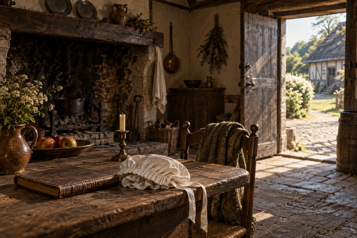 Illustration contemporaine : Maison rurale normande au crépuscule, avec un foyer vide, une coiffe de linge posée sur une table et une porte donnant sur une cour; aucun corps, aucune personne ni arme.