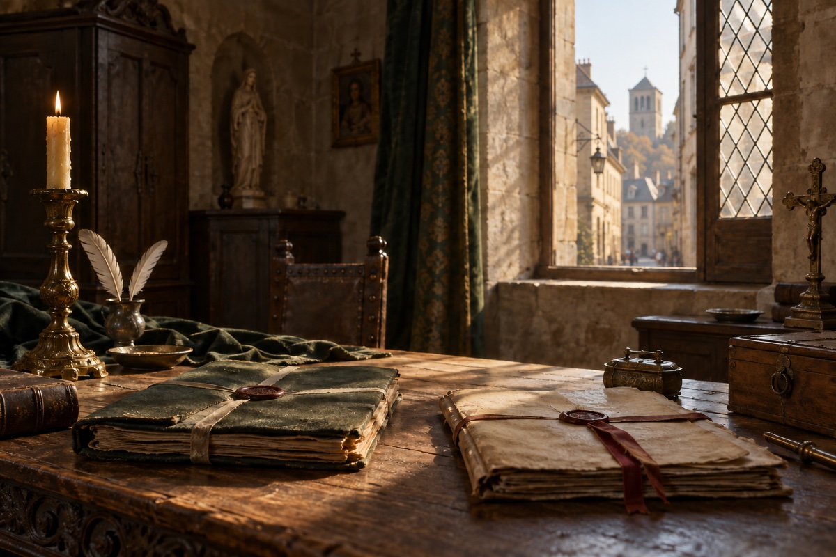 Illustration contemporaine : Table d’archives avec deux dossiers séparés devant une fenêtre ancienne à Metz; aucune personne ni instrument de torture.