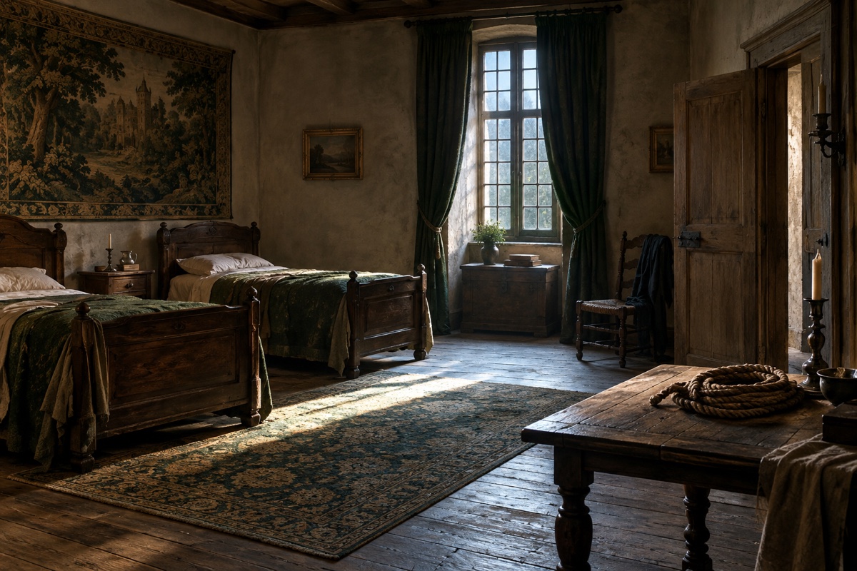 Illustration contemporaine : Chambre ancienne avec deux lits, une chaise près de la porte et une corde posée sur une table, sans corps ni scène violente.