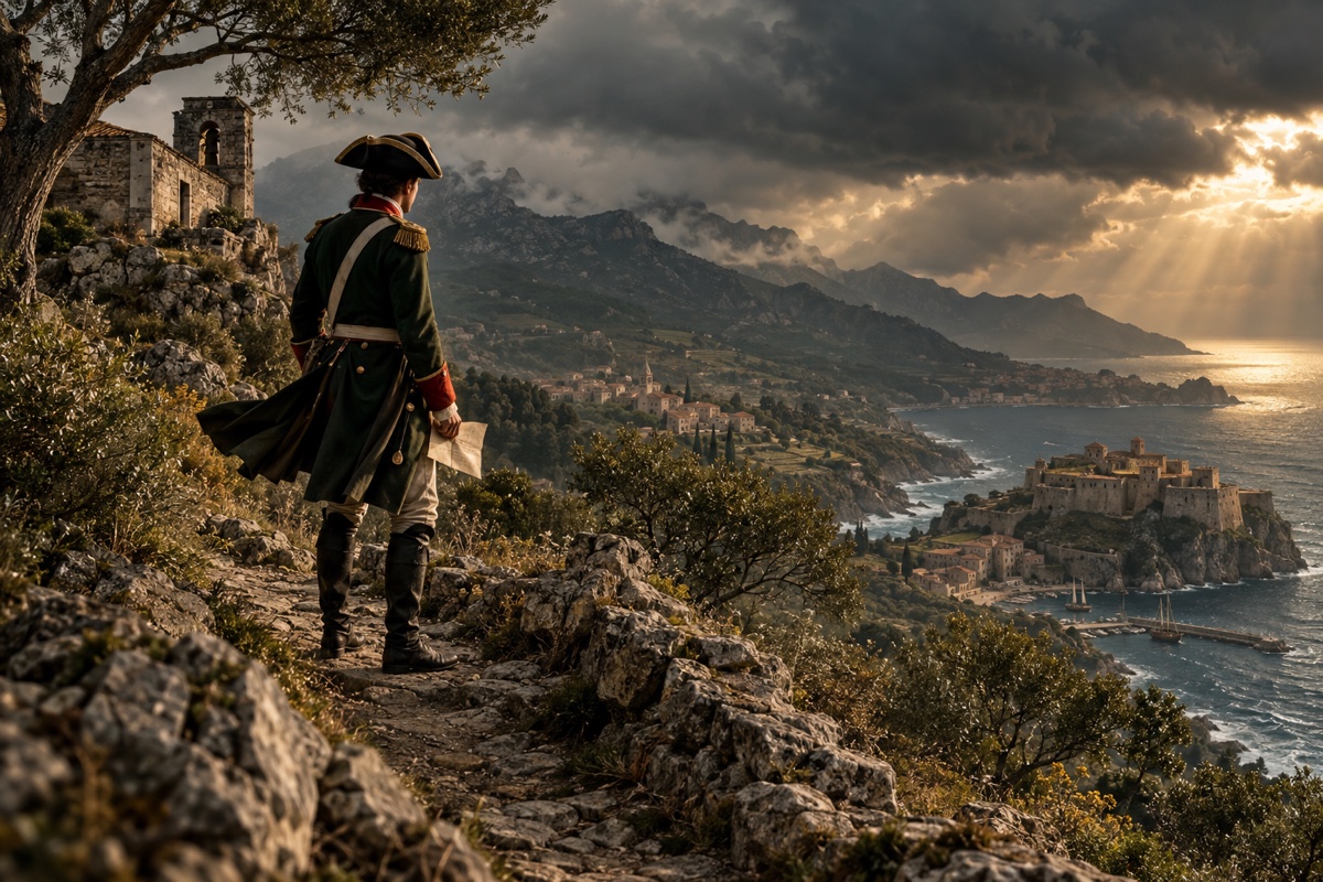 Illustration contemporaine : Officier corse anonyme sur un sentier montagneux, citadelle et village au loin, tenant un billet plié; aucune arme pointée.