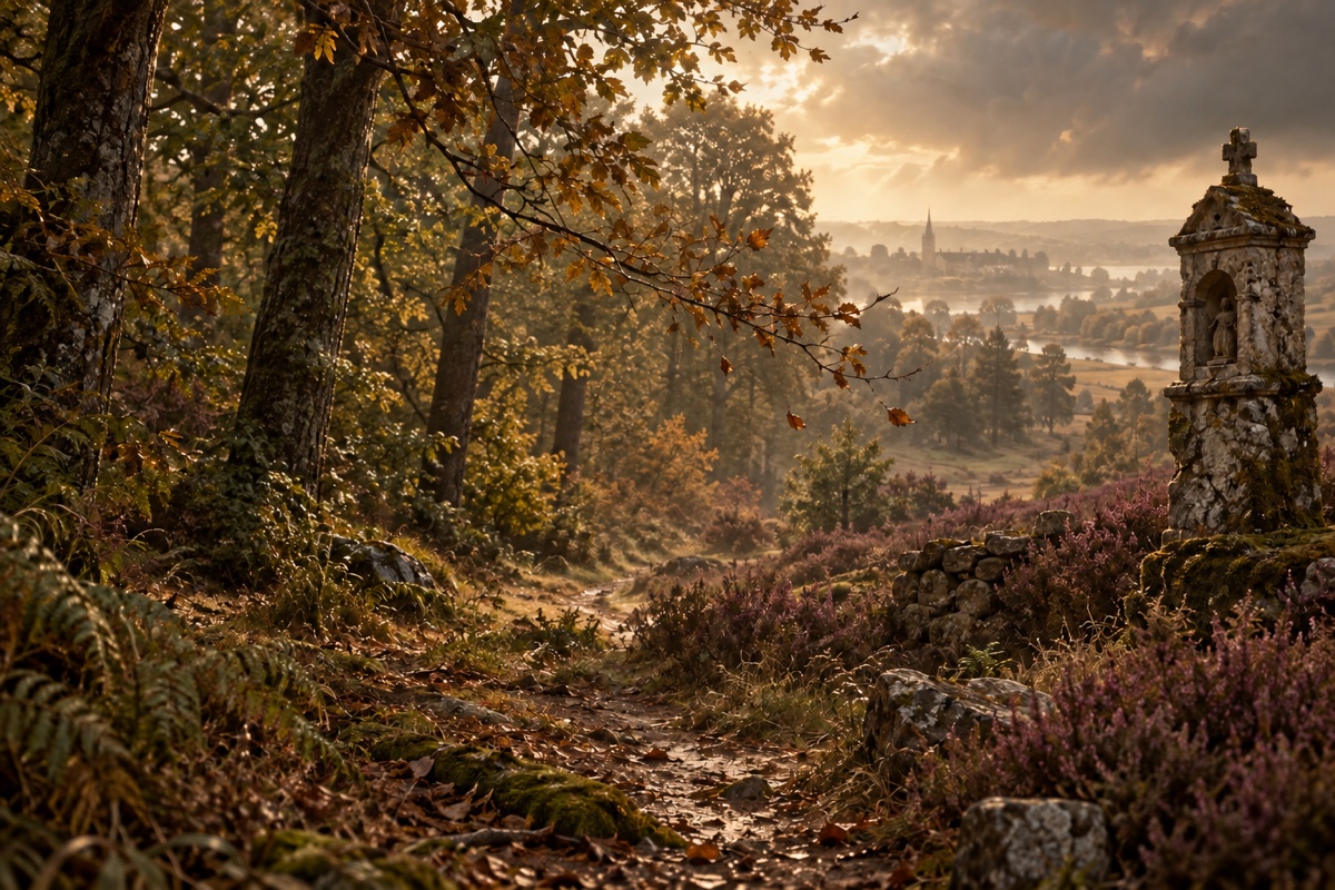 Illustration contemporaine : Chemin de bruyère dans les bois de Larçay, petit oratoire en pierre et village au loin; aucune personne ou scène de crime.