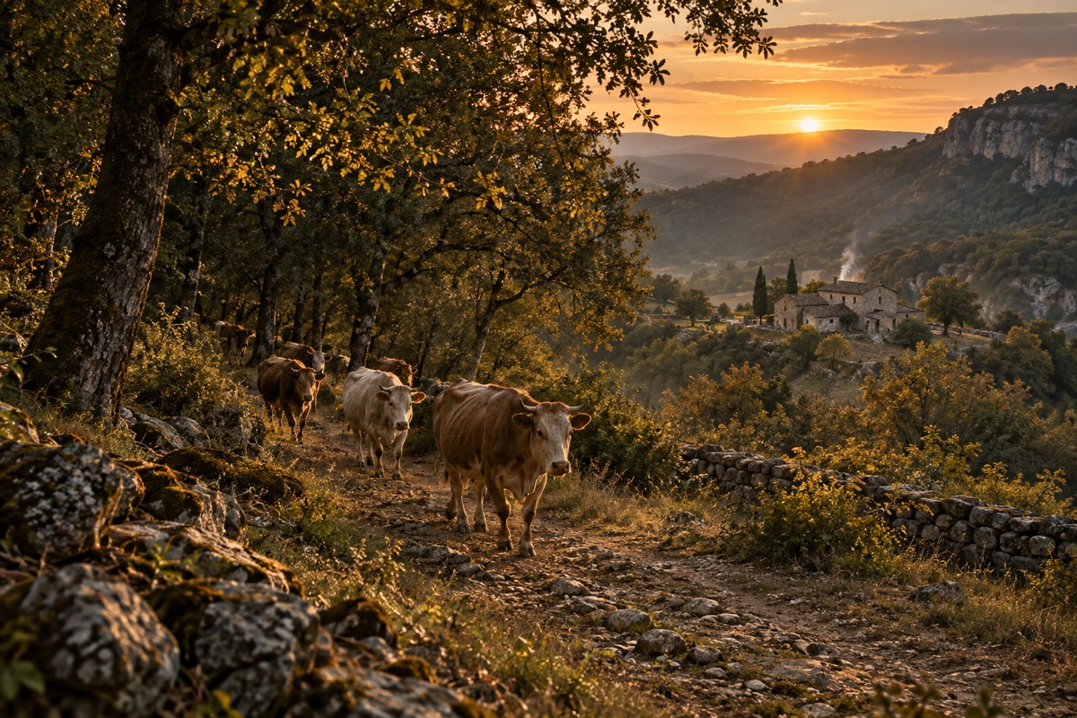 Illustration contemporaine : Un troupeau de vaches revient seul d’un bois au crépuscule, vers une ferme ardéchoise.