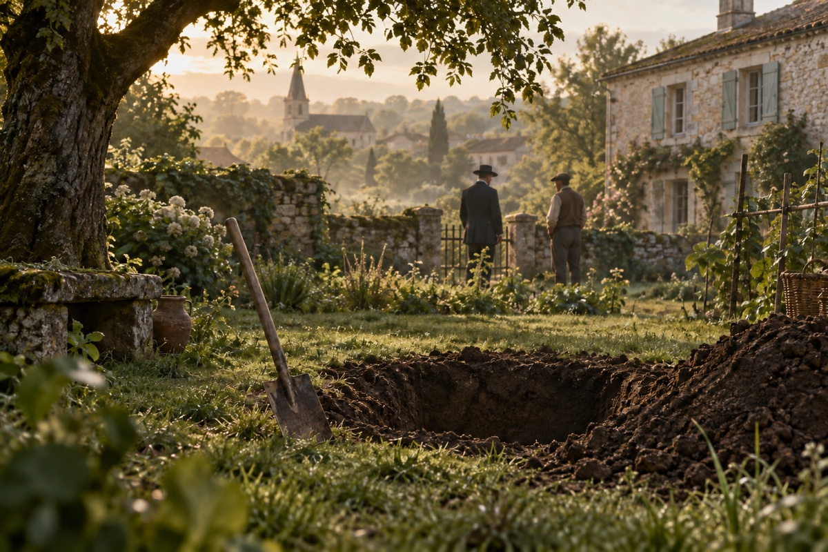 Illustration contemporaine : Une bêche repose près d’une fosse creusée dans un jardin de village, avec une maison au loin.