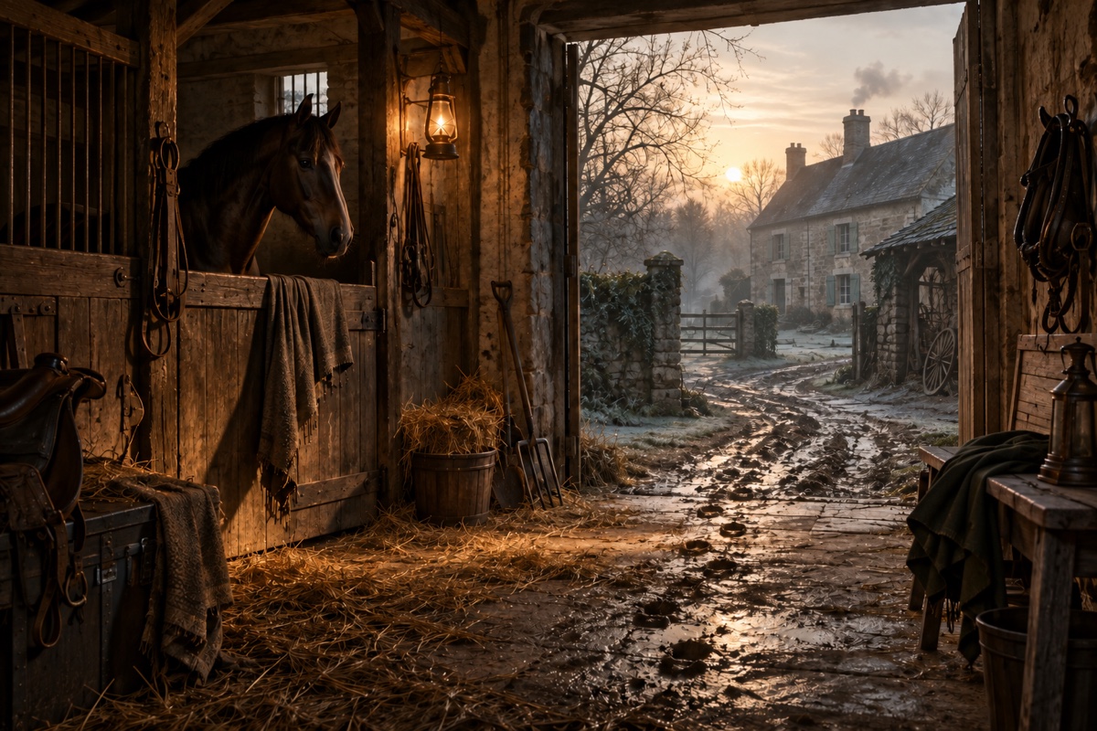Illustration contemporaine : Écurie normande à l’aube, cheval au box et traces boueuses vers une ferme; aucun corps, sang ou personne identifiable.
