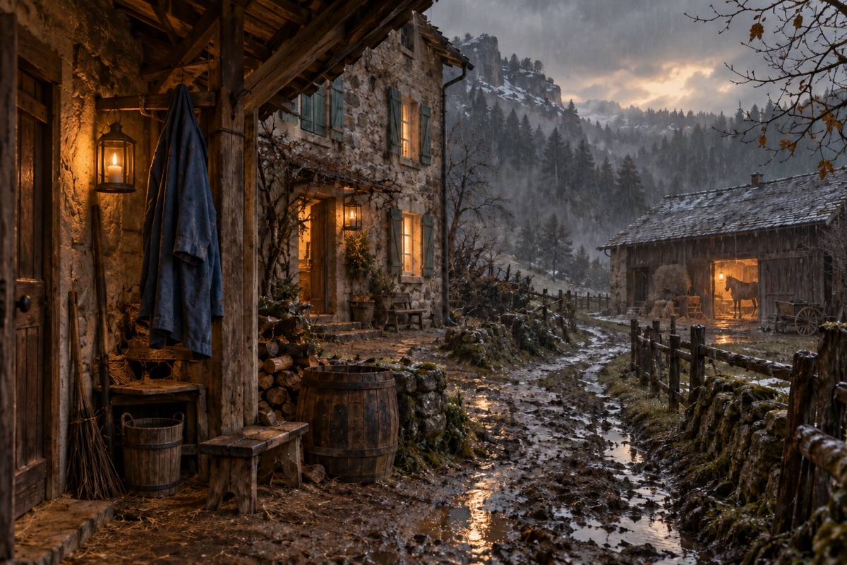 Illustration contemporaine : Hameau jurassien sous la pluie, sentier entre maison et écurie, blouse bleue vide sous un auvent; aucune personne ni violence visible.