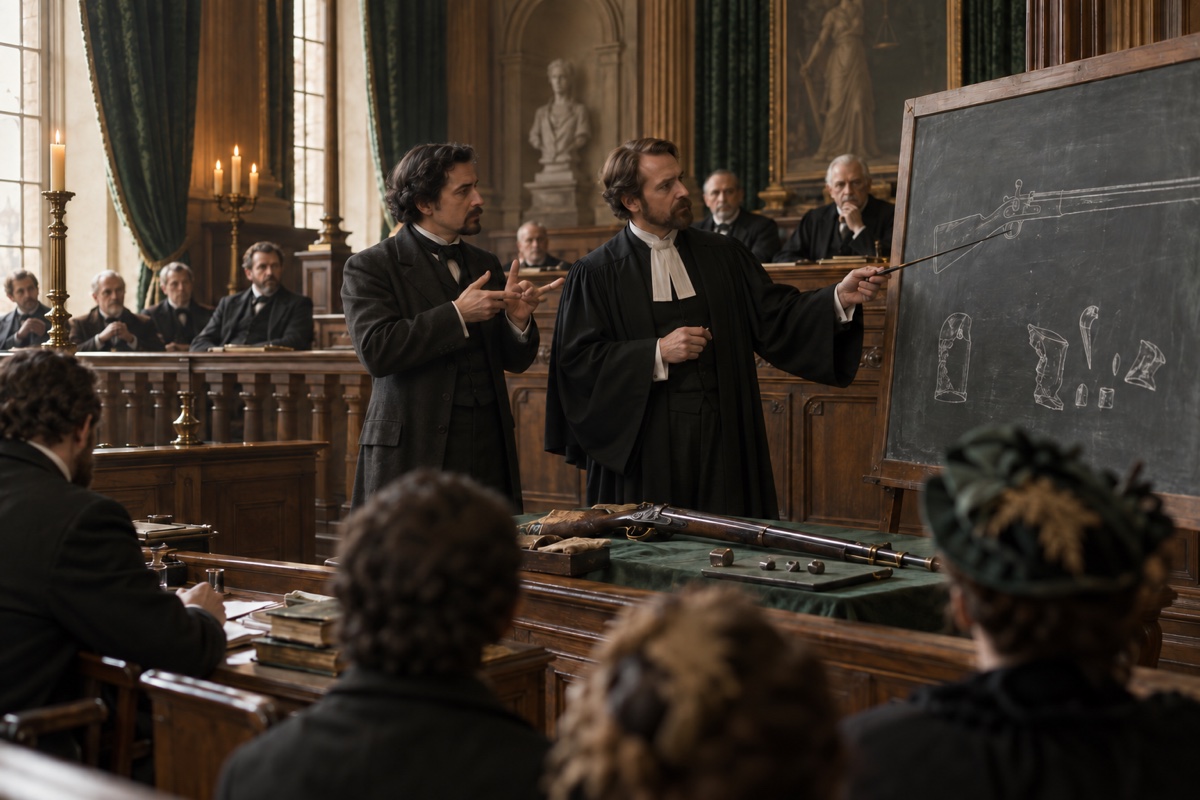 Illustration contemporaine : Dans une salle d’audience, avocat et interprète se tiennent près d’une ardoise et de pièces à conviction.