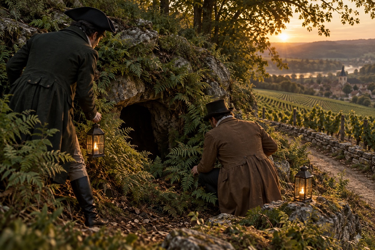 Illustration contemporaine : Deux hommes anonymes munis de lanternes à bougie cherchent près de rochers et d’une grotte, au bord des vignes; aucune violence représentée.