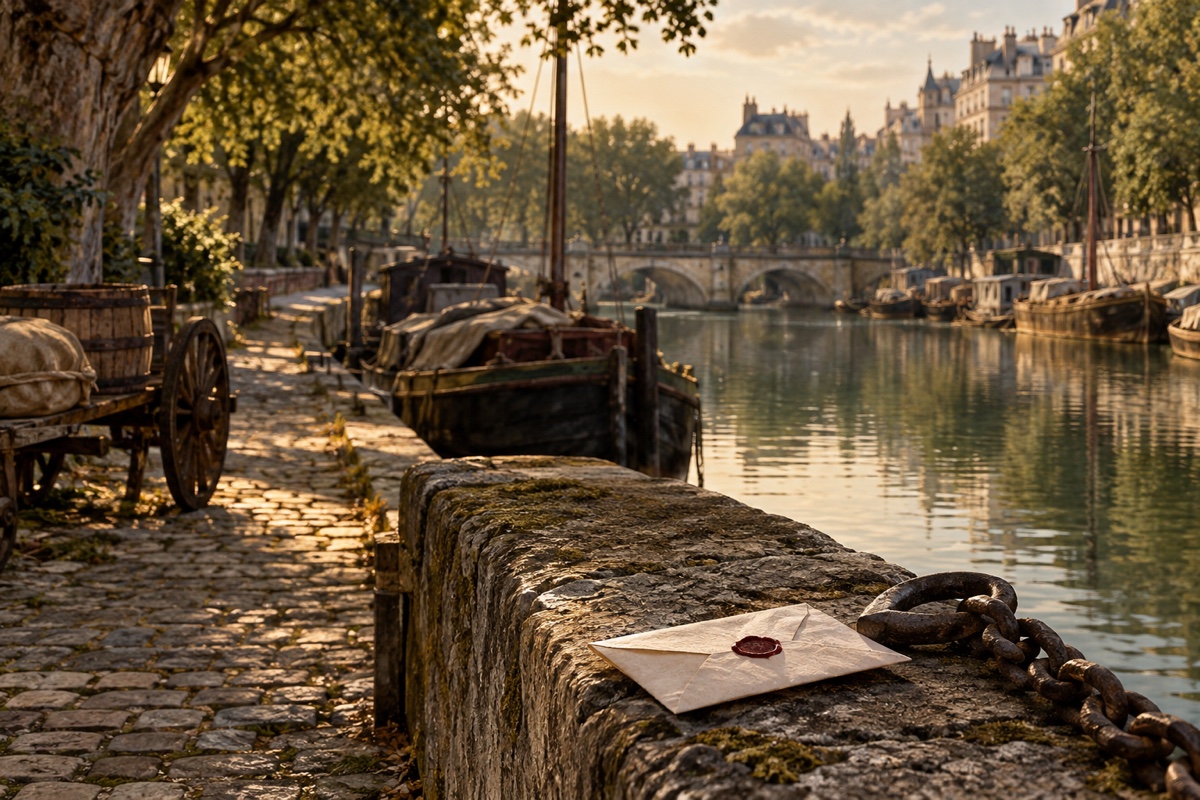 Illustration contemporaine : Une enveloppe pliée repose près d’une chaîne au bord d’un canal parisien calme.