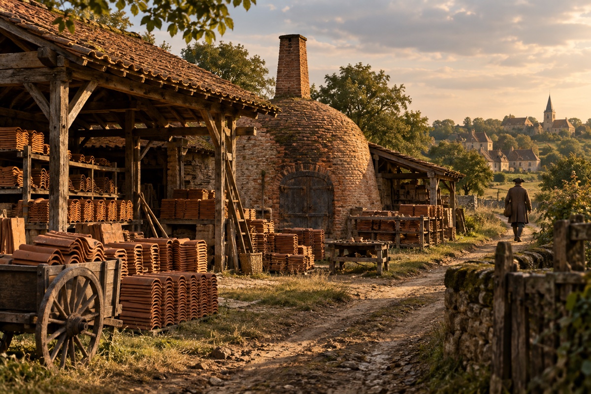 Illustration contemporaine : Une tuilerie rurale avec des piles de tuiles et un chemin qui revient vers le village.