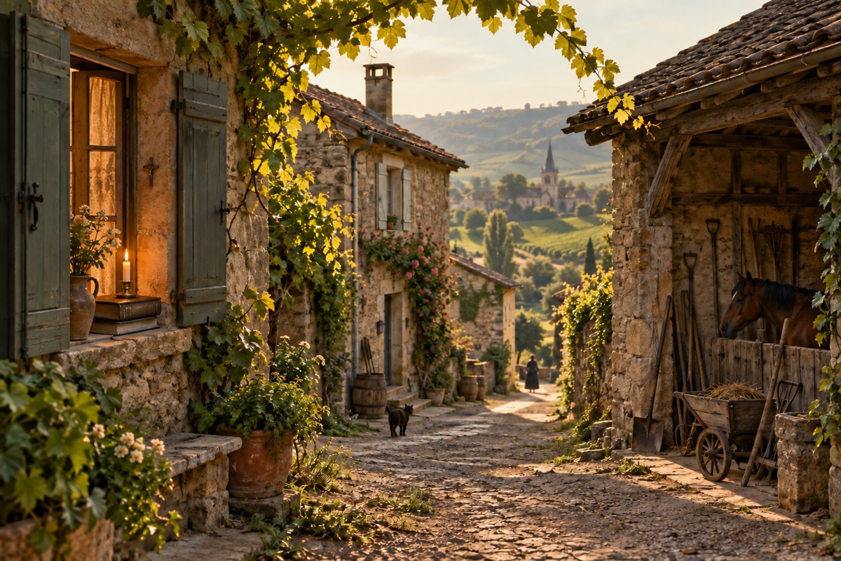 Illustration contemporaine : Rue de village avec une écurie, des outils rangés et un livre fermé à une fenêtre; silhouette anonyme au loin, sans violence.
