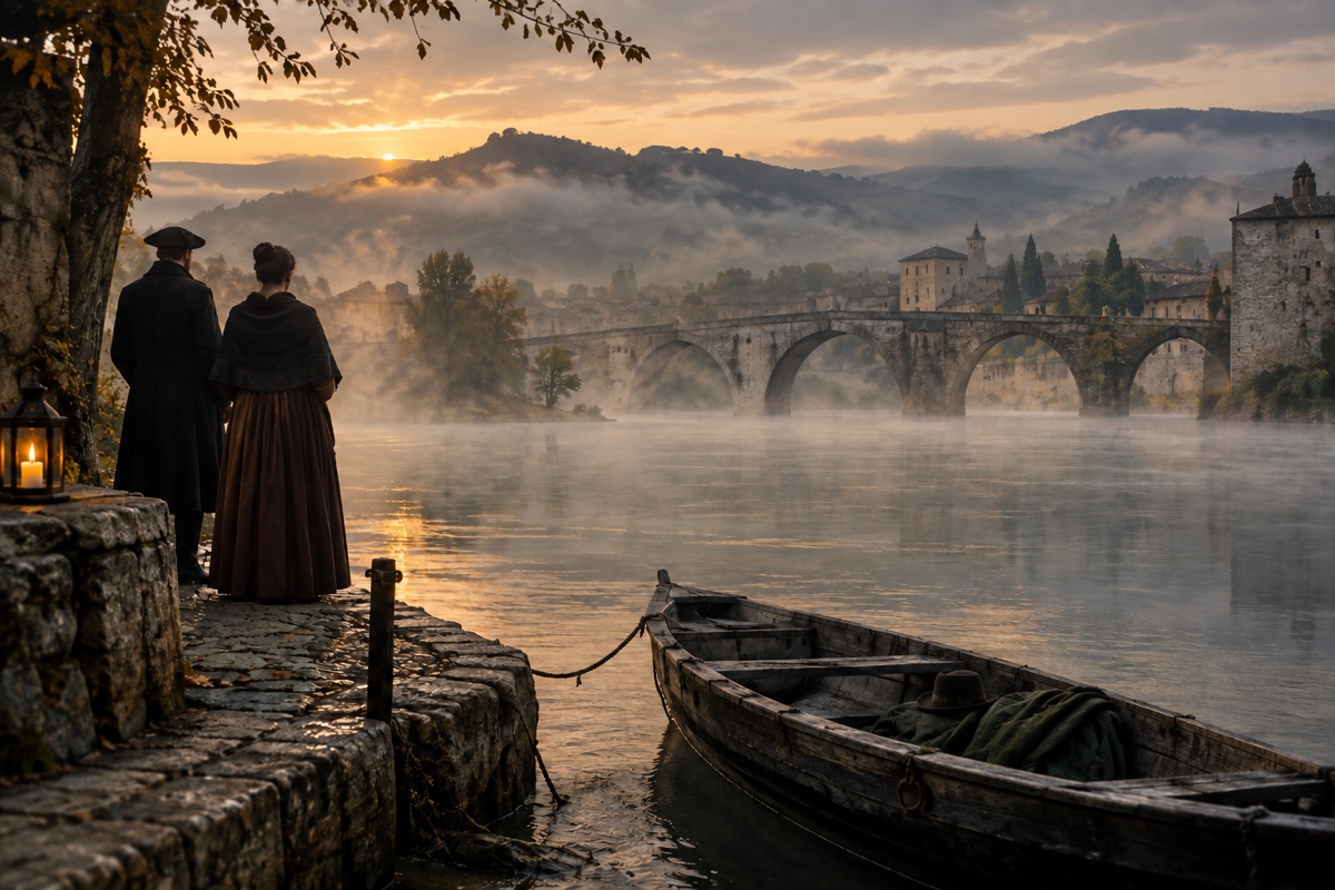 Illustration contemporaine : Une barque vide près d’un pont sur le Rhône, avec un manteau et un chapeau; silhouettes anonymes dans la brume de Valence.