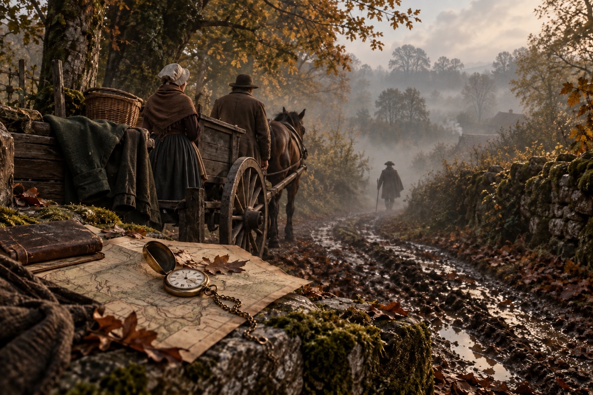 Illustration contemporaine : Chemin brumeux du bois du Hazois et voiture paysanne arrêtée près d’une ornière; une montre à gousset évoque l’enquête.
