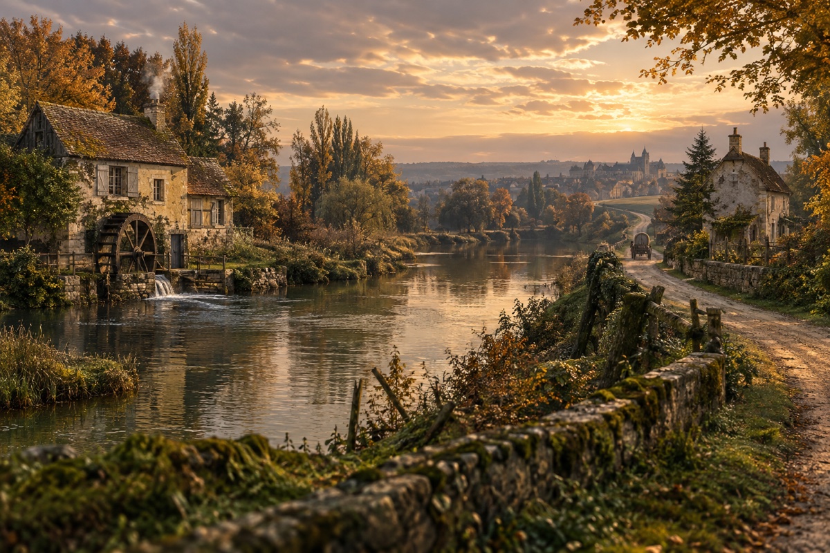 Illustration contemporaine : Moulin et maison isolée près de l’Epte, route de campagne au loin sous un ciel d’automne; aucune personne ni scène de crime.