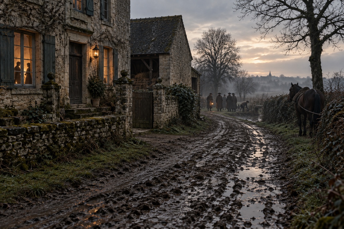 Illustration contemporaine : Chemin rural humide près de Lagerie à l’aube, quelques silhouettes anonymes et une lanterne; les meurtriers ne sont pas représentés.