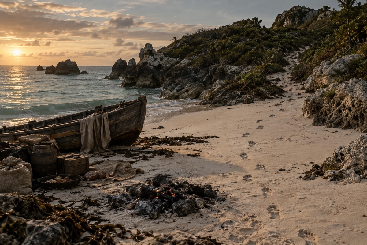 Illustration contemporaine : Embarcation de bois et provisions sur une plage rocheuse des Bermudes, traces de pas vers l’intérieur; aucune personne ni violence visible.