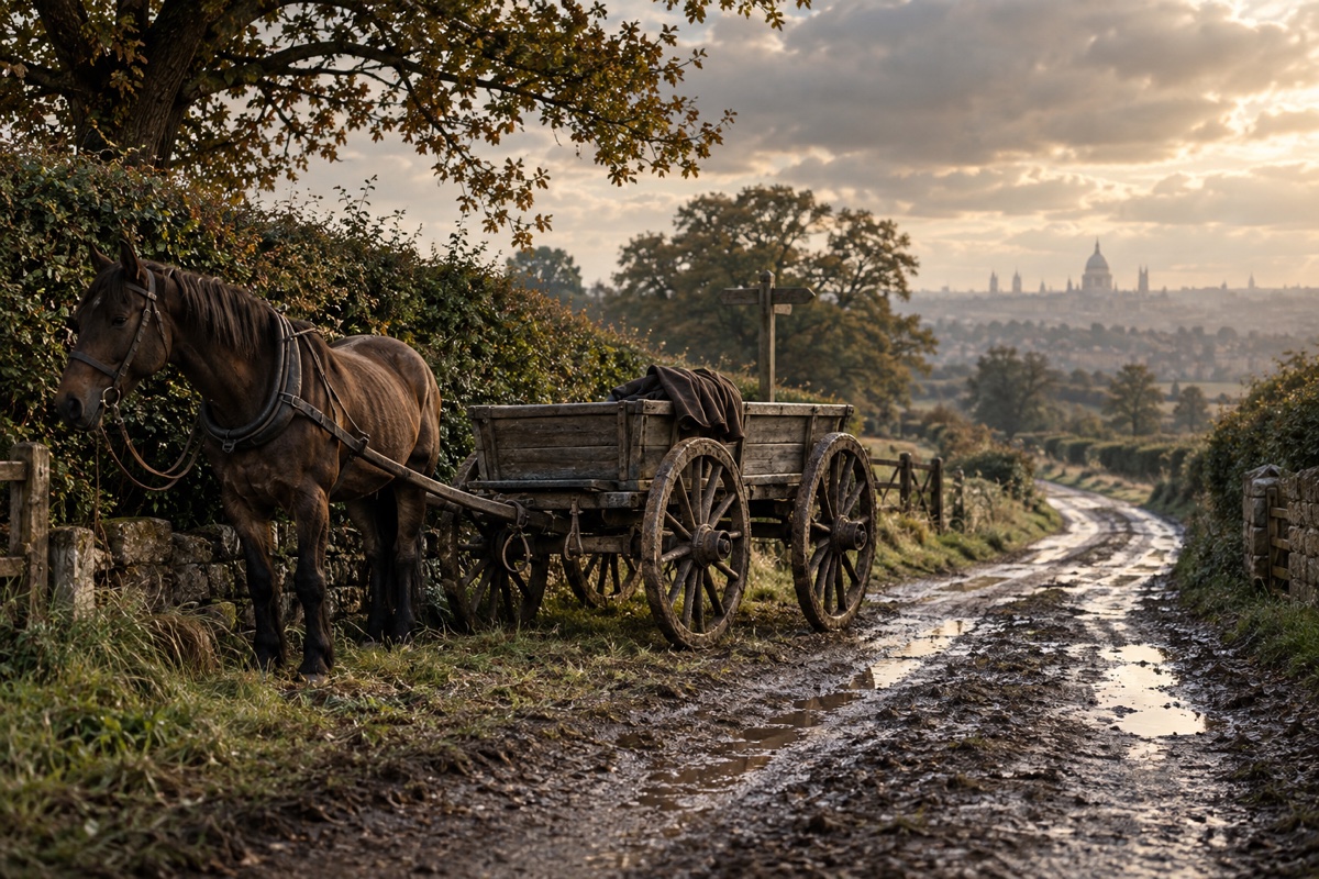 Illustration contemporaine : Chariot de ferme vide sur un chemin anglais bordé de haies près de Bushey Heath; aucune personne ni violence visible.