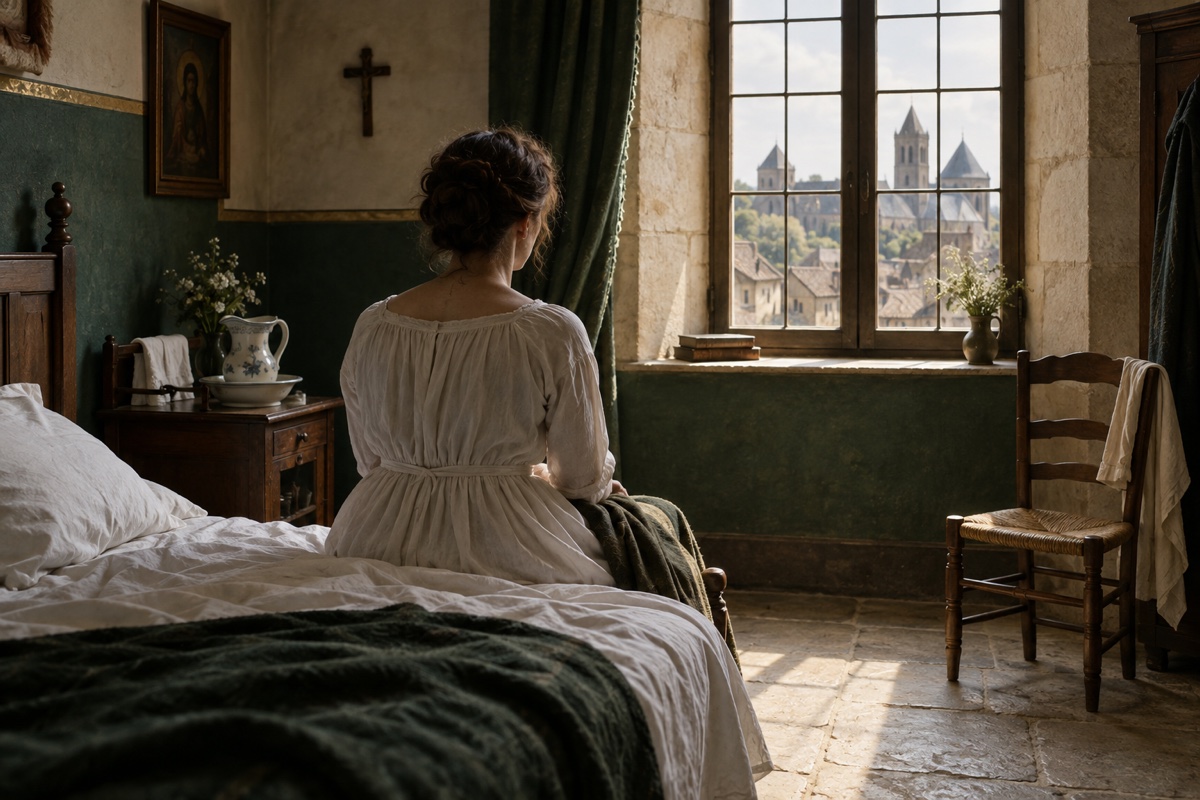 Illustration contemporaine : Femme anonyme assise sur un lit dans une chambre sobre, près d’une fenêtre, d’une chaise et d’un pichet; aucune blessure visible.