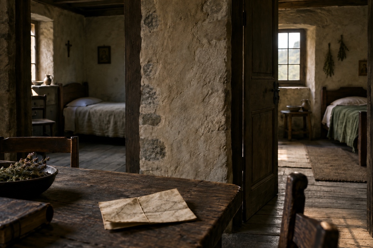 Illustration contemporaine : Deux chambres vides séparées par un mur épais, avec une feuille pliée sur une table au premier plan; son contenu n’est pas identifiable.