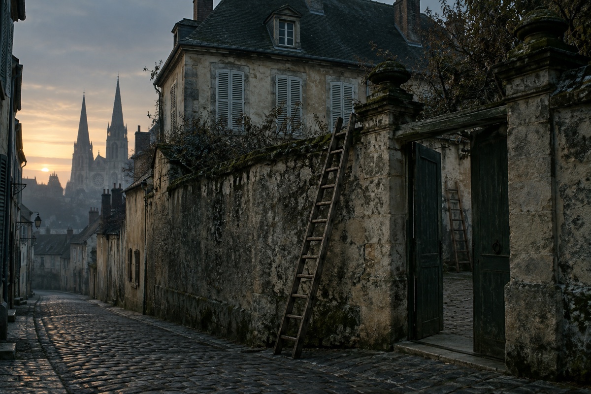 Illustration contemporaine : Une échelle longe le haut mur d’une cour chartraine aux volets fermés à l’aube.