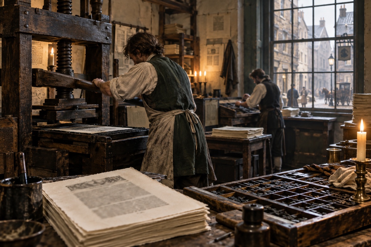 Illustration contemporaine : Presse à bras et feuillet fraîchement tiré dans un atelier londonien du XVIIIe siècle; aucun texte lisible ni personne identifiable.