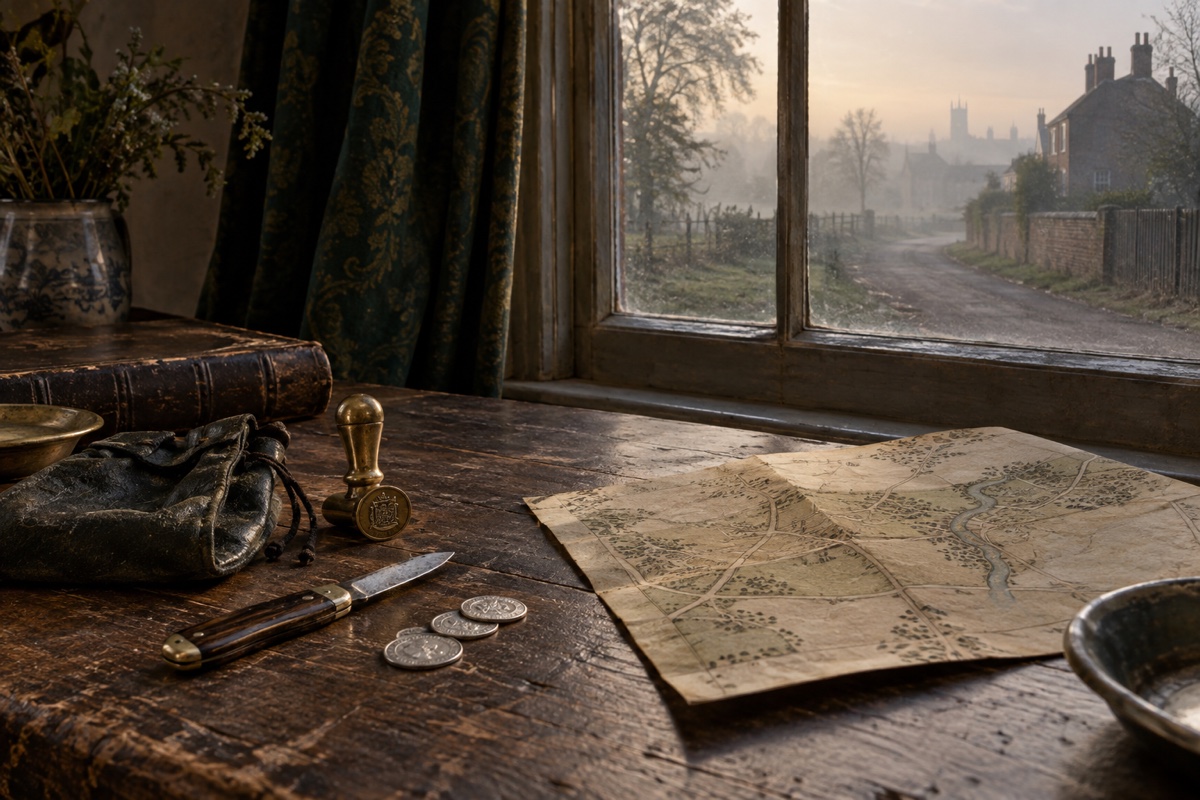 Illustration contemporaine : Canif, sceau ordinaire et quelques pièces sur une table près d’une fenêtre donnant sur une route brumeuse entre Mile End et Bow.