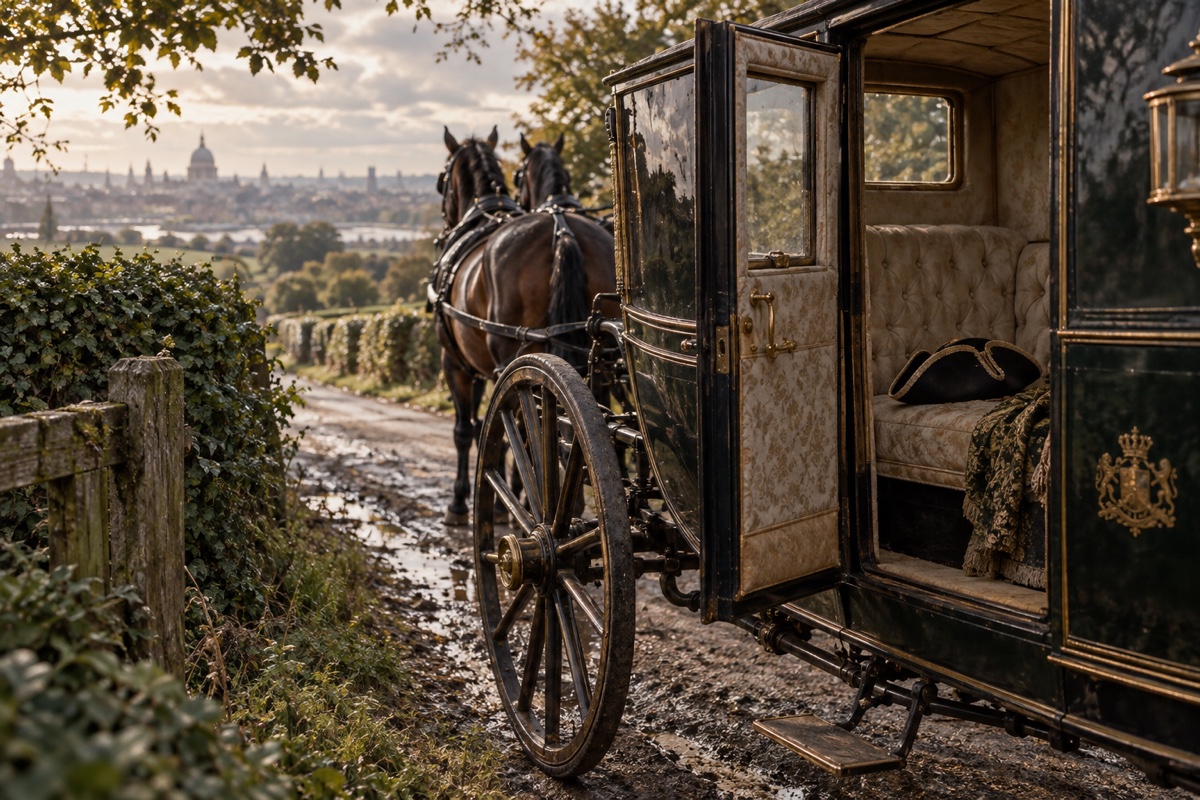 Illustration contemporaine : Un chapeau tricorne repose dans un carrosse ancien arrêté au bord d’une route des environs de Londres; aucune personne ni violence.