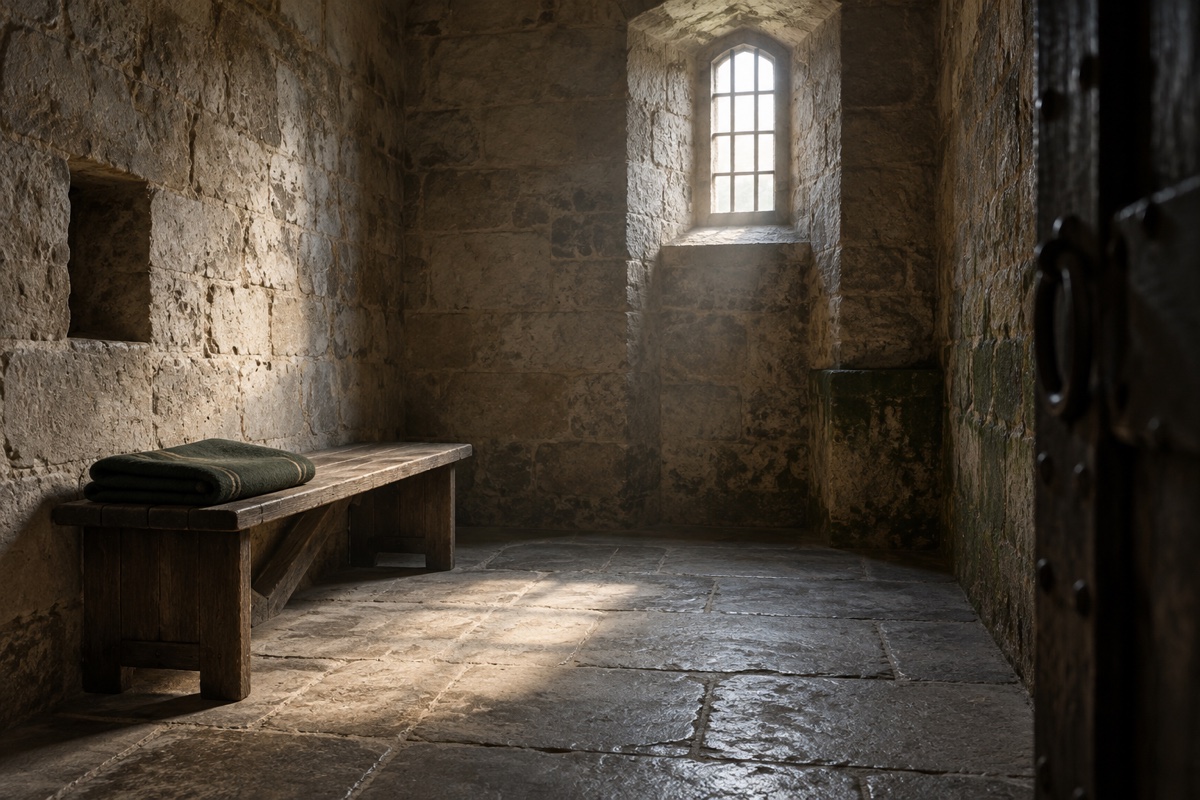 Illustration contemporaine : Pièce de prison ancienne entièrement vide, banc de bois et couverture pliée, fenêtre haute et lumière naturelle; aucun personnage ni violence.
