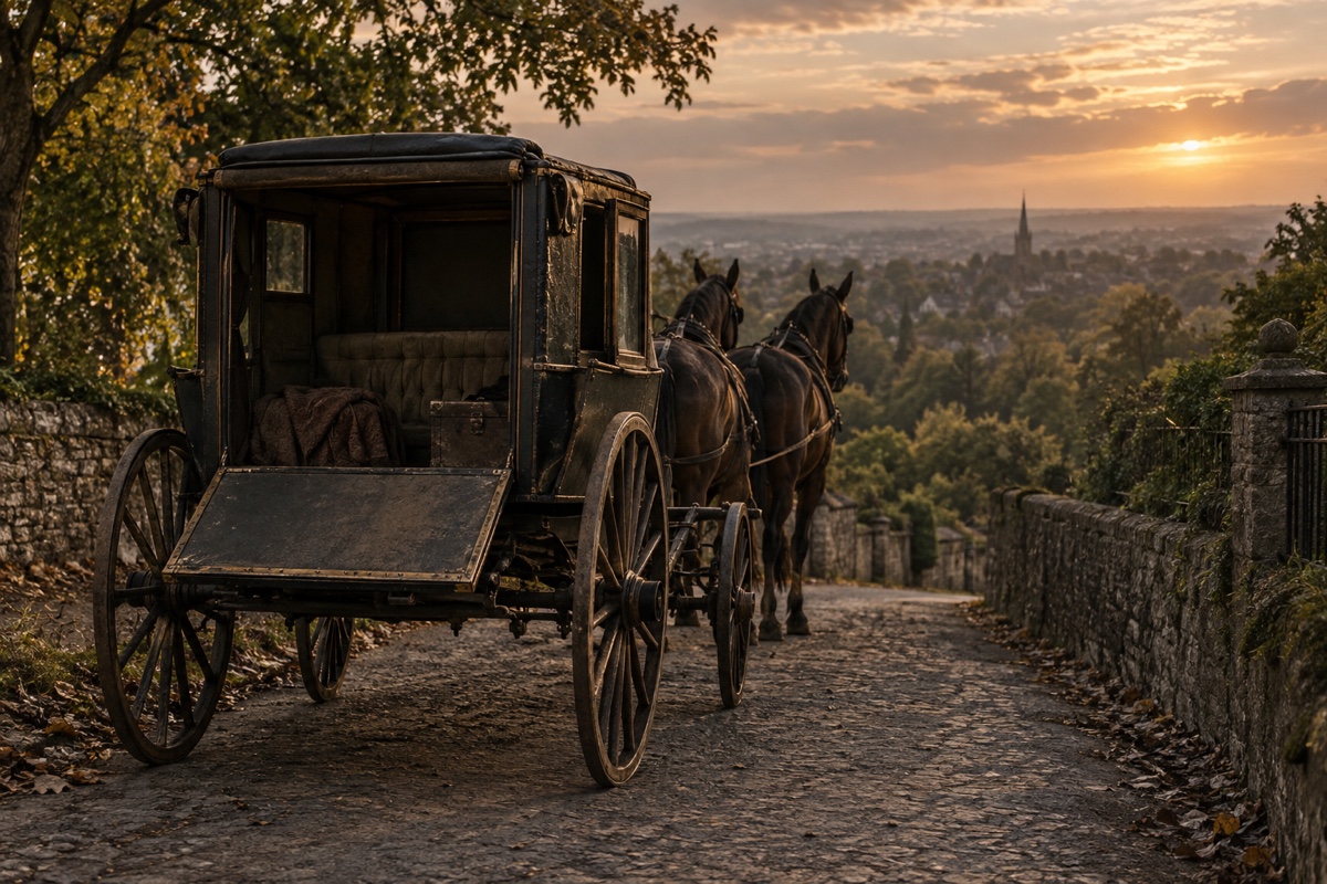 Illustration contemporaine : Une chaise à deux chevaux vide est arrêtée au crépuscule sur une route de Hampstead.