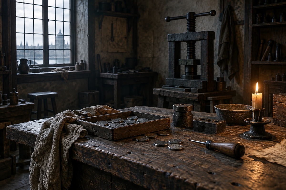 Illustration contemporaine : Outils et flans métalliques dans un atelier londonien sombre, sans personnage.