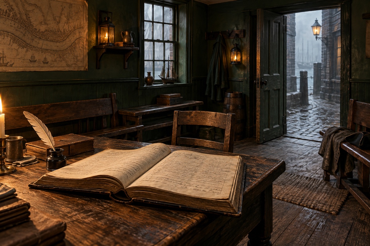 Illustration contemporaine : Registre relié ouvert dans une salle de réunion vide à Wapping au début du XVIIIe siècle.