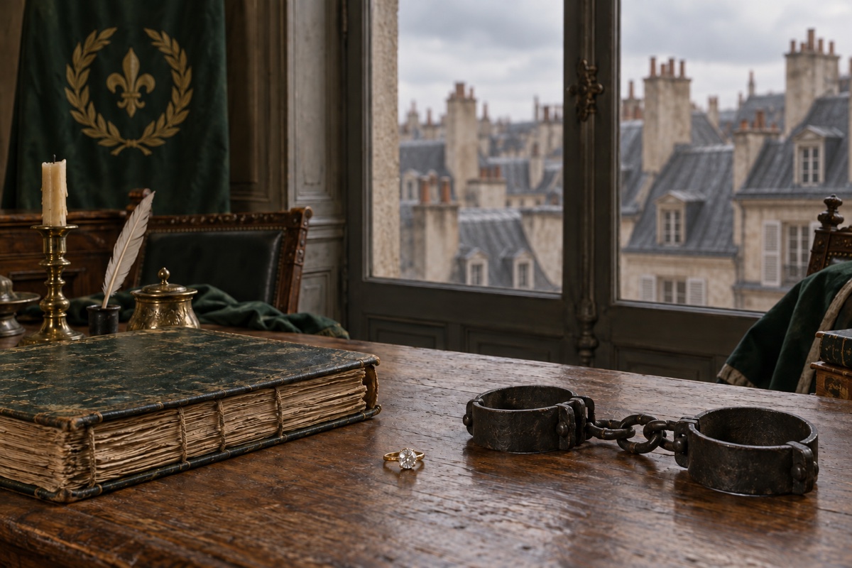 Illustration contemporaine : Une bague et des entraves sur une table, dans un décor ancien évoquant une salle municipale. Composition symbolique, sans scène de supplice.