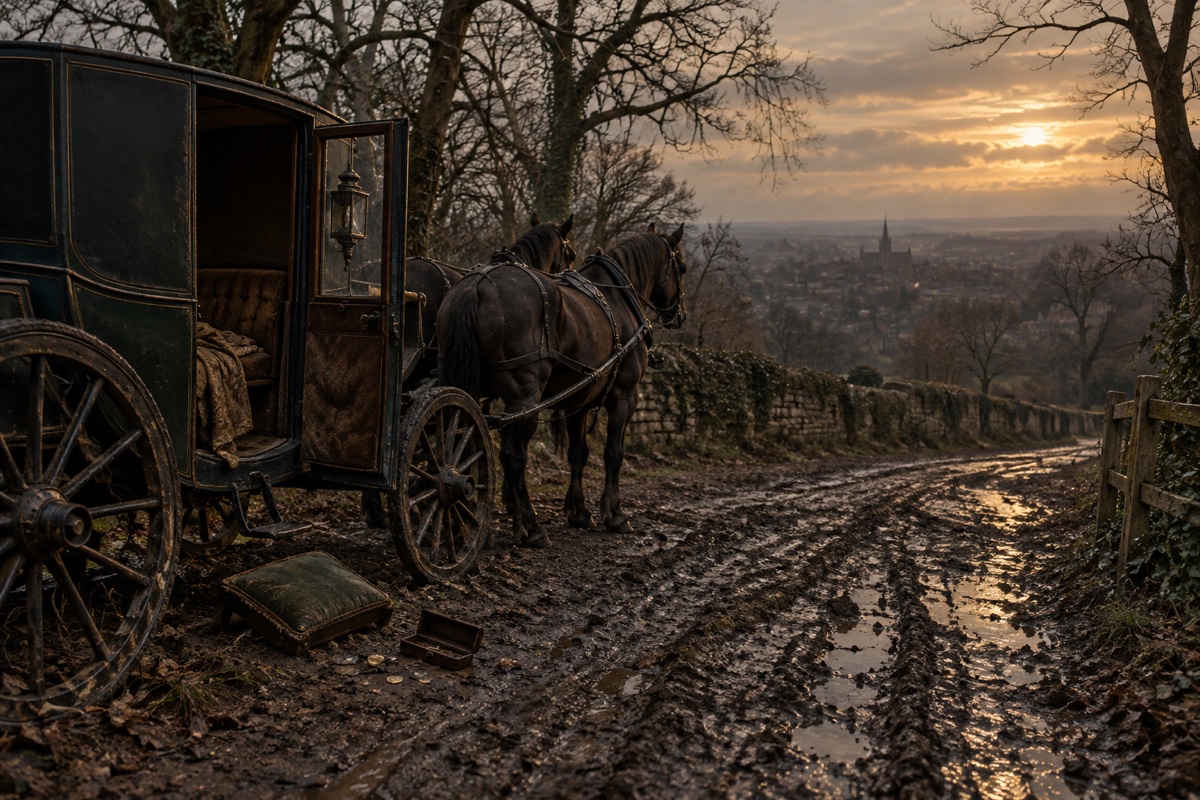 Illustration contemporaine : Carrosse arrêté sur une route de Hampstead avec quelques pièces au sol.