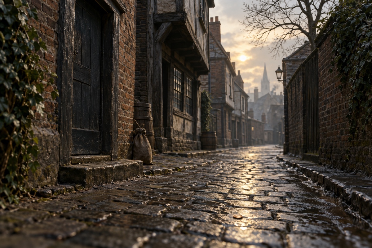 Illustration contemporaine : Une ruelle vide de Shoreditch près de Swan Alley, pavés humides et porte close; une pièce au sol évoque le message sans montrer d’enfant ni de personnage.