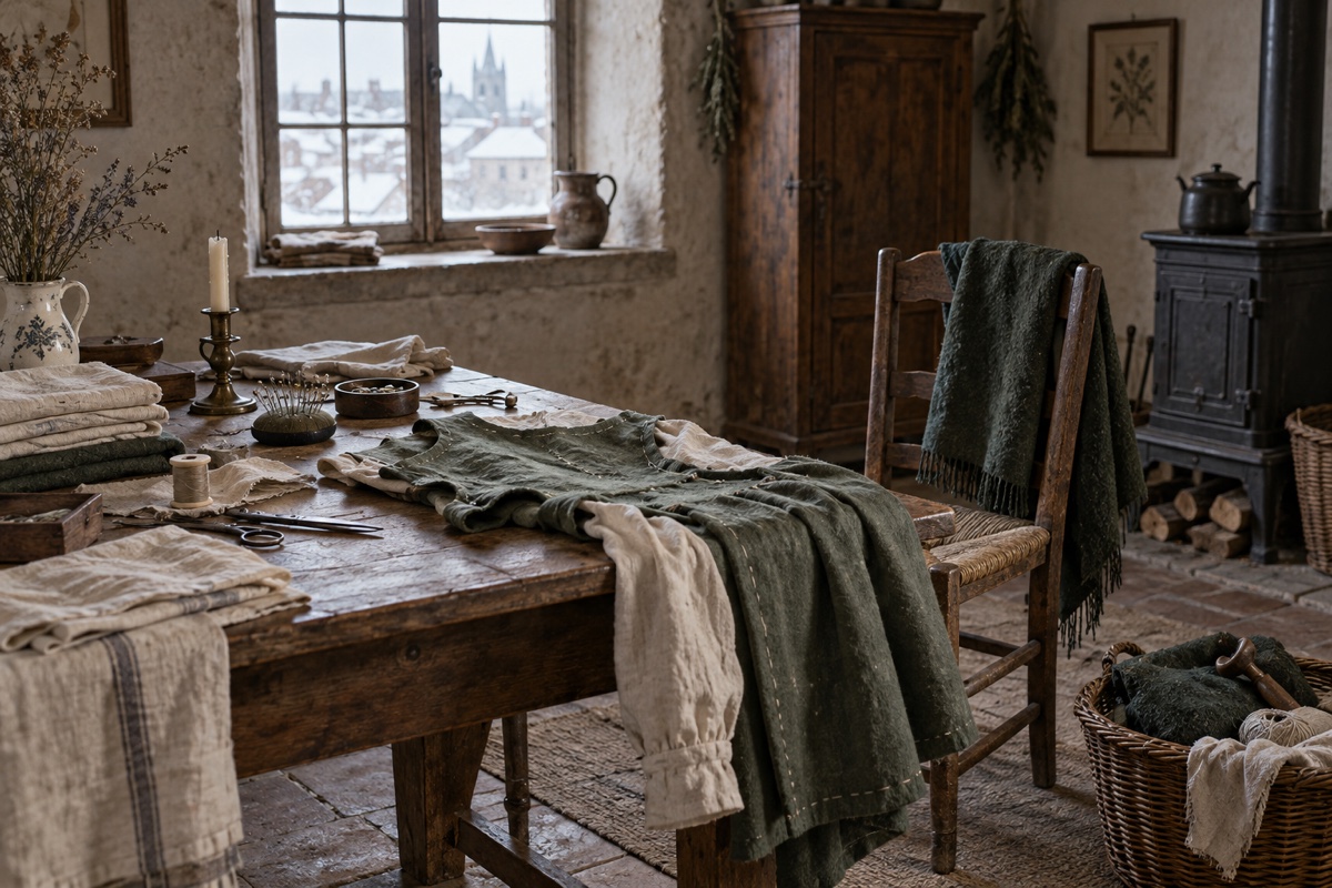 Illustration contemporaine : Un ouvrage de couture étalé sur une table dans une pièce de travail ancienne, avec fils, ciseaux et linge. Aucun personnage ni enfant représenté.